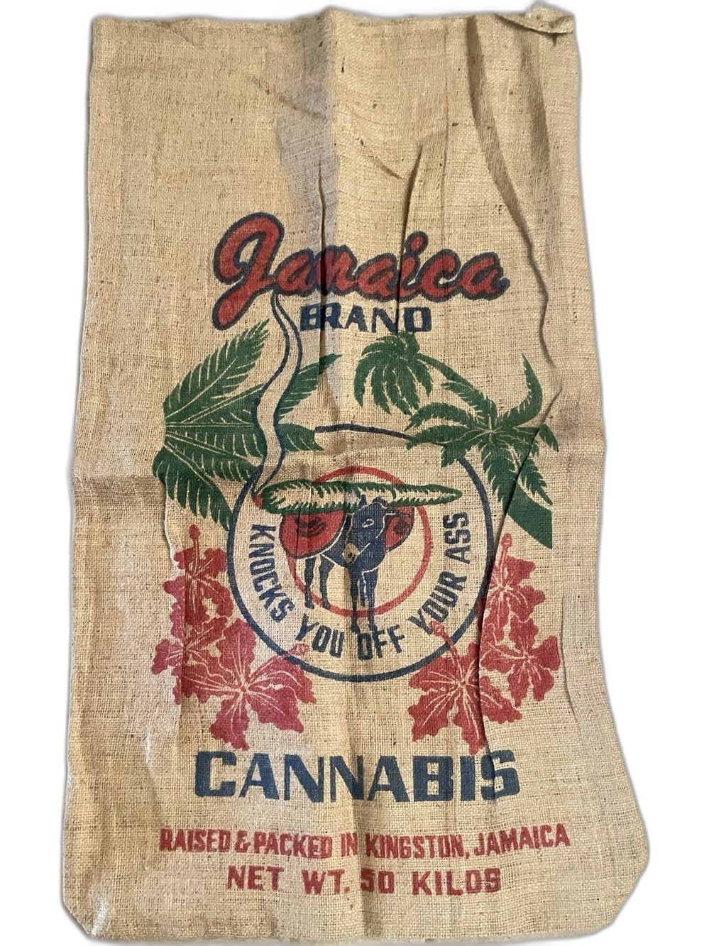 Vintage Collectible Cannabis Jamaica Brand Burlap Printed Bag 3' x 2' Wall Decor